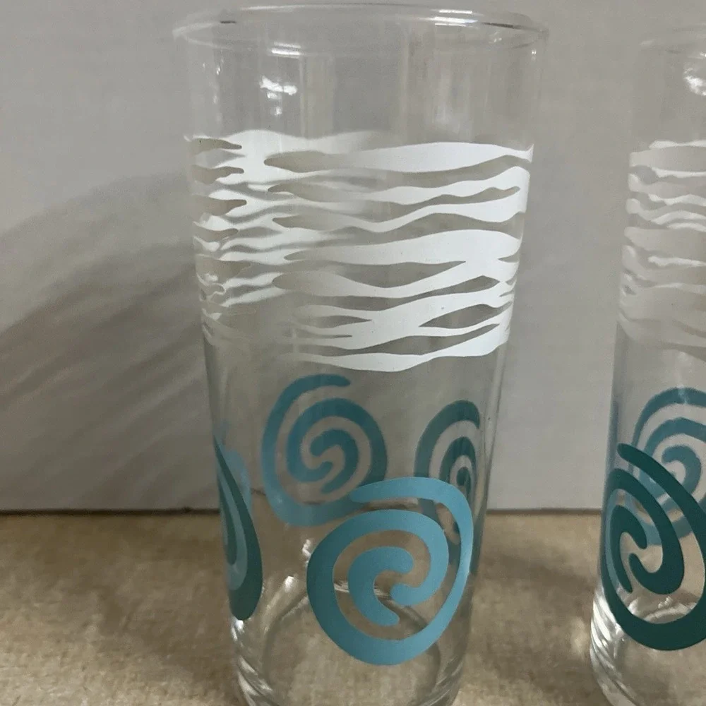 2- Vtg Federal Glass MC Tumblers Teal Swirl Circles 6 1/4